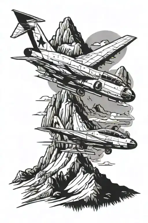 Military aircraft flying over a mountain tattoo design idea