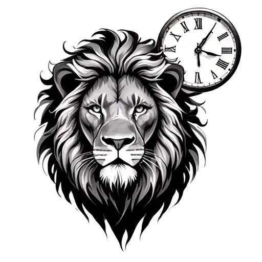 lion and clocks tattoo design idea