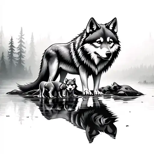 father wolf with three cubs in forest reflecting off water tattoo design idea