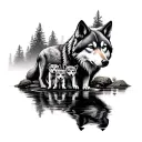 father wolf with three cubs in forest reflecting off water tattoo design idea