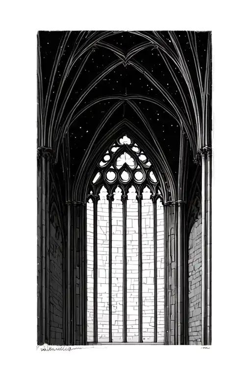 Gothic Cathedral Ceiling or window arch as frame reminiscent tattoo design idea