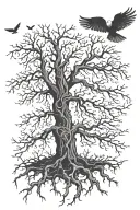 dead tree with roots birds flying away with a eagle a cross in between the tree tattoo design idea