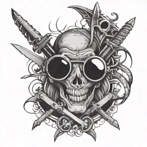 blade's sunglasses, swords and vampire teeth tattoo design idea