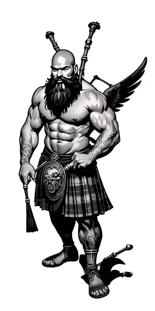 shirtless muscular bagpiper bald black beard  big wings playing bagpipes in arm tattoo design idea