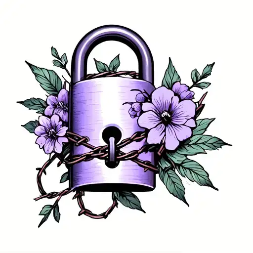 Lilac with darker shading padlock with floral designs interwoven with barbed wire  around it, above the lock are the wor tattoo design idea