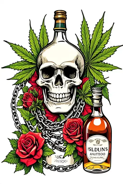 skull, music, marijuana foliage, roses, a bottle of cognac, chains tattoo design idea