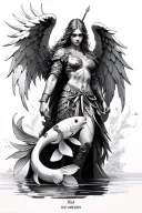 angel warrior with koi fish with roman numerals XI XVI MMXIX tattoo design idea