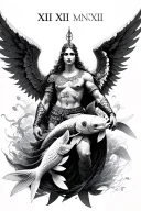 angel warrior with koi fish with roman numerals XI XVI MMXIX tattoo design idea