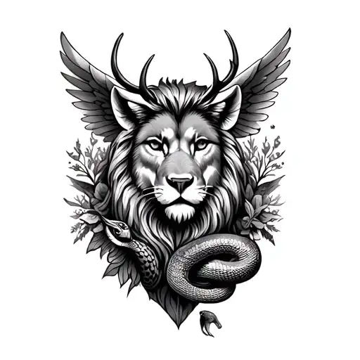 lion, angel, wolf, owl, deer with forest, snake tattoo design idea