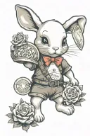 bunny with holding money bag with loutus flower with wording hope is a lie tattoo design idea