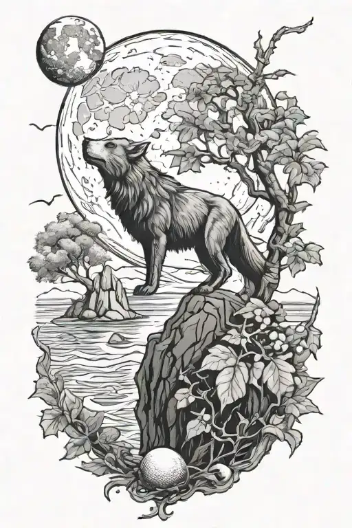 wolf on a cliff howling, moon. triceratops with an egg, and monkey on vine  tattoo design idea