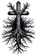 tree textured cross with roots reaching deep tattoo design idea