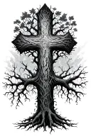 tree textured cross with roots reaching deep tattoo design idea