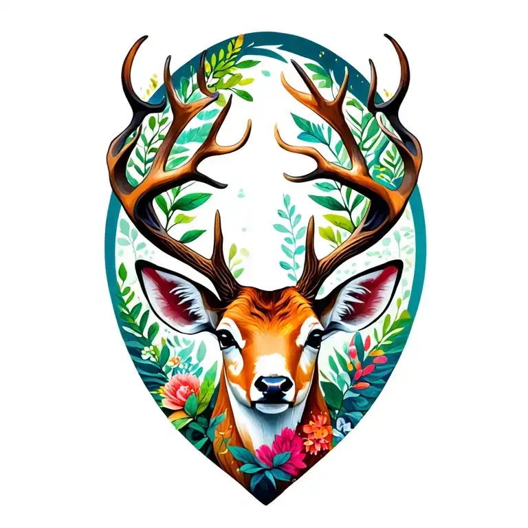 Colorful deer head infused with natural elements. tattoo design idea