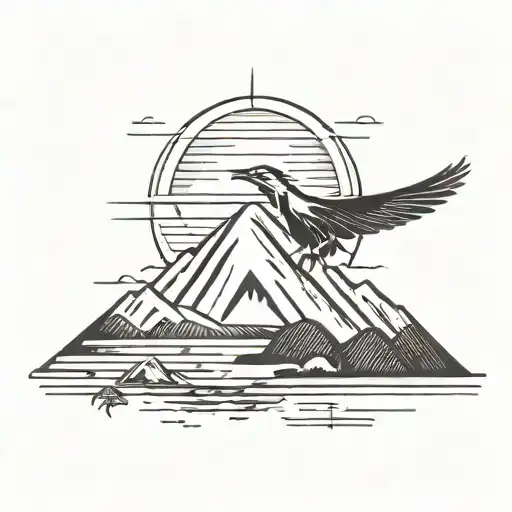 volcano bird ans sunrise tattoo design idea