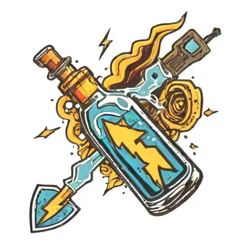 lightning bolt striking a broken bottle on its side with a broken heart in it tattoo design idea