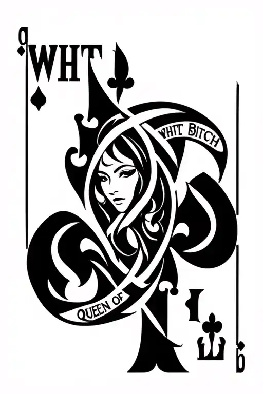 QOS tattoo design, queen of spades symbol, "WHITE BITCH" text, bold black tribal style, sharp lines tattoo design idea
