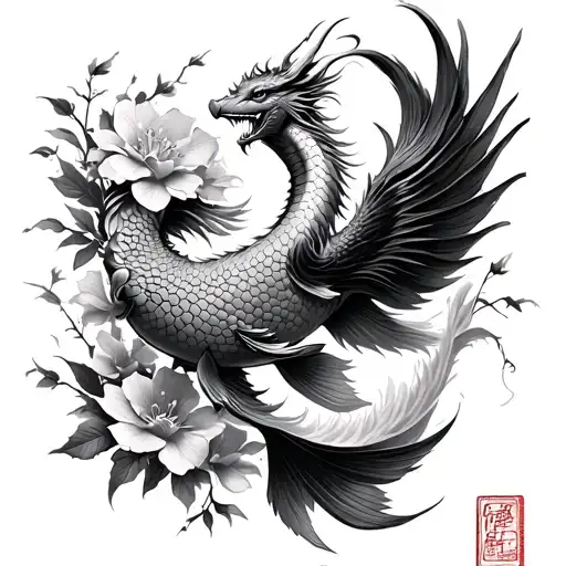 Phoenix, Dragon, Cherry Flower, Carp Koi Fish whit sakura flowers tattoo design idea