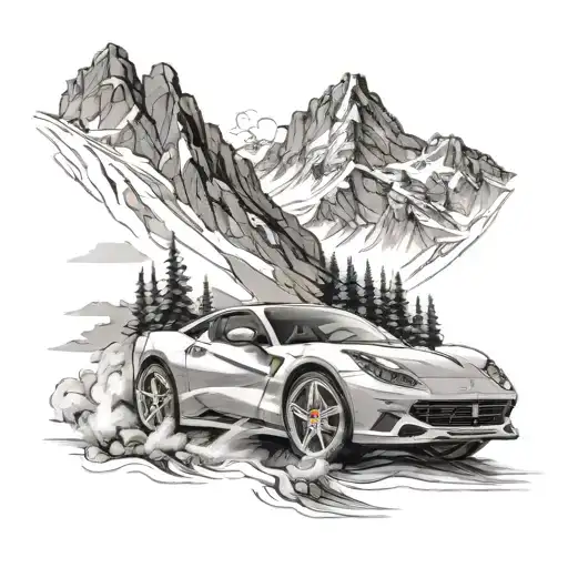 A majestic mountain scene with a Ferrari driving up the slopes, symbolizing ambition and success tattoo design idea