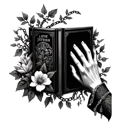 books,hands,flowers,trees,vines,chains, dark, mysterious tattoo design idea