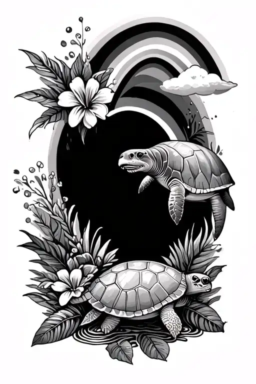 left arm sleeve, a rainbow, sea turtles, manatee, tropical flowers, ocean theme  tattoo design idea