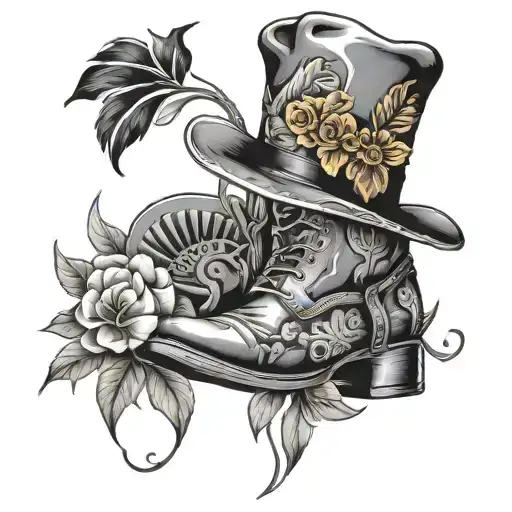 cow boy boots  pheasant  cow boy hat flowers tattoo design idea