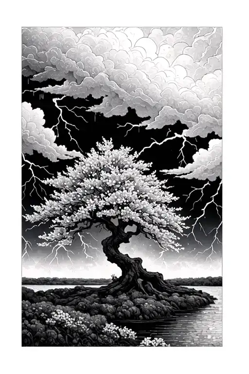  Japanese cherry blossom tree during a storm clouds with lightning tattoo design idea
