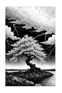  Japanese cherry blossom tree during a storm clouds with lightning tattoo design idea