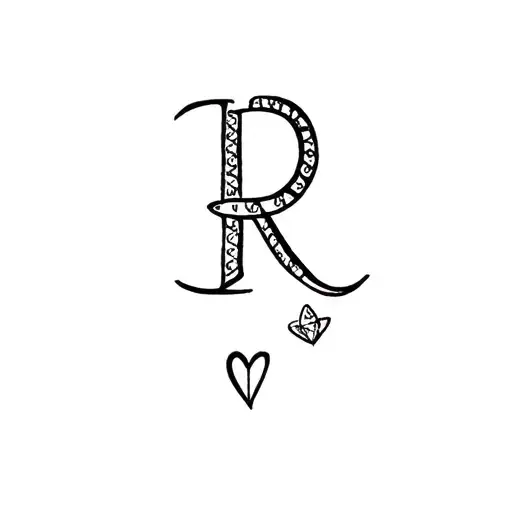 dainty fine line cursive R with diamond ring and small heart tattoo design idea