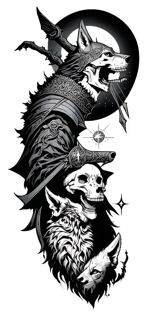 Gothic medieval tattoo featuring a knight at the top. wolves, skeletons, outerspace, magic oddities, and tree branches tattoo design idea