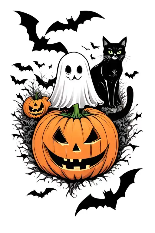 Halloween w ghost, cat, bats, and jack o lantern tattoo design idea