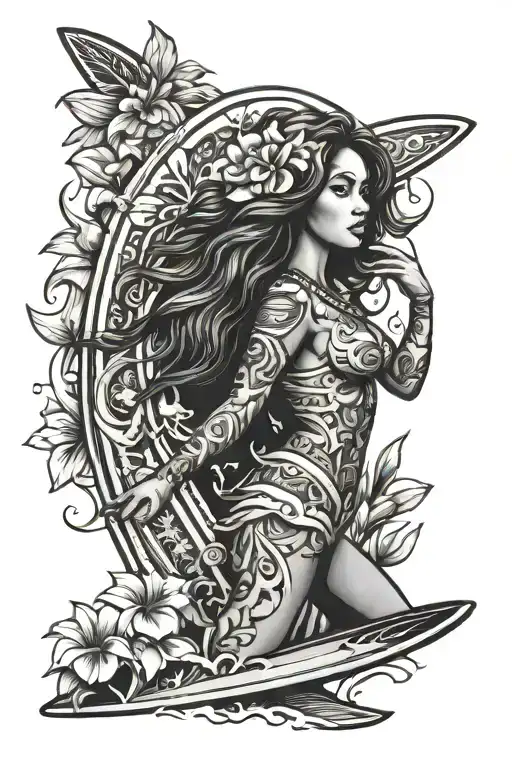 girl with lei on surfboard surfing  tattoo design idea