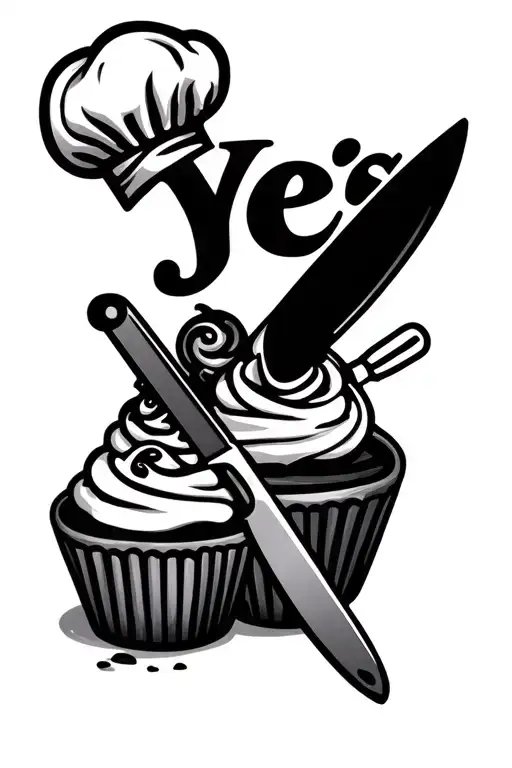 A minimalist outline: a sleek chef knife crossed with a cupcake and mixing bowl, topped by a simple chef hat, with "Yes  tattoo design idea