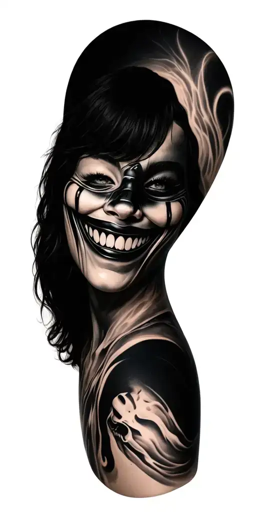 laugh now cry later mask surrounded tattoo design idea