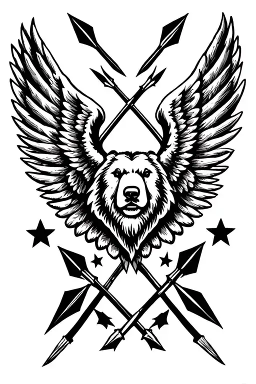 6 crossed arrows, 2 bullets outside of them, & angel wings. Bear print & patriotic stars.  Loose "s" shape to image tattoo design idea