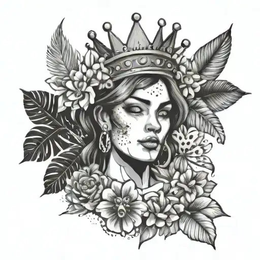 A tattoo design of a woman with a money crown and drug-inspired jewelry, surrounded by tropical flowers tattoo design idea