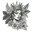 A tattoo design of a woman with a money crown and drug-inspired jewelry, surrounded by tropical flowers tattoo design idea