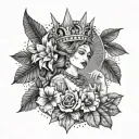 A tattoo design of a woman with a money crown and drug-inspired jewelry, surrounded by tropical flowers tattoo design idea