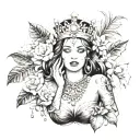 A tattoo design of a woman with a money crown and drug-inspired jewelry, surrounded by tropical flowers tattoo design idea
