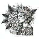 A tattoo design of a woman with a money crown and drug-inspired jewelry, surrounded by tropical flowers tattoo design idea