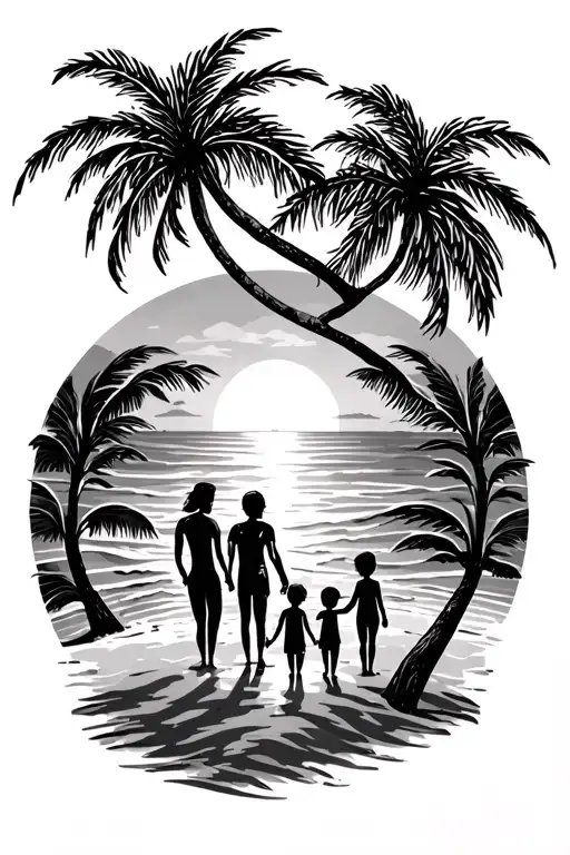 beach scene featuring palm trees over head and the sun setting above the ocean. a mum and dad holdings hands with 3 kids tattoo design idea