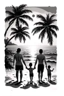 beach scene featuring palm trees over head and the sun setting above the ocean. a mum and dad holdings hands with 3 kids tattoo design idea