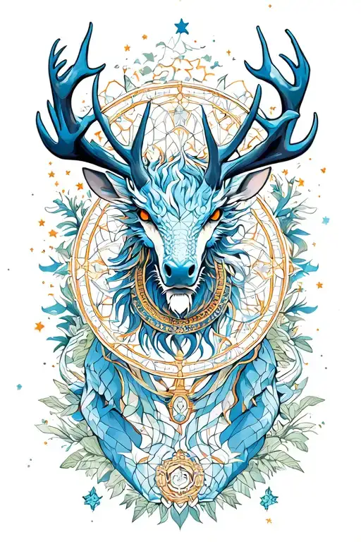 Crossover stag with Kirin blue dragon  whit dharma wheel in nature with 26 little stars tattoo design idea