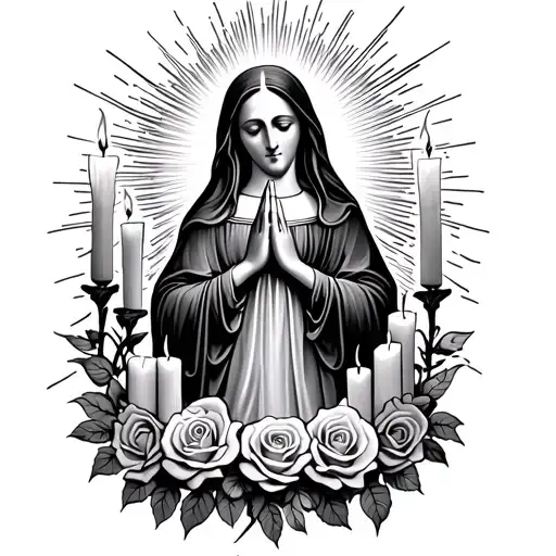 The Virgin Mary praying, surrounded by roses and candles at the bottom, and at the top rays of light shining down on her tattoo design idea