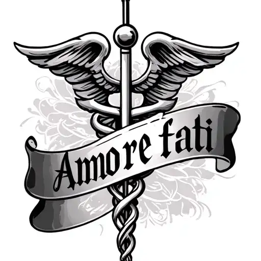 caduceus with amore fati words  tattoo design idea