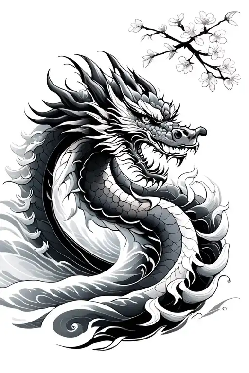 Chinese dragon with waves crashing in the background with cherry blossoms blooming tattoo design idea