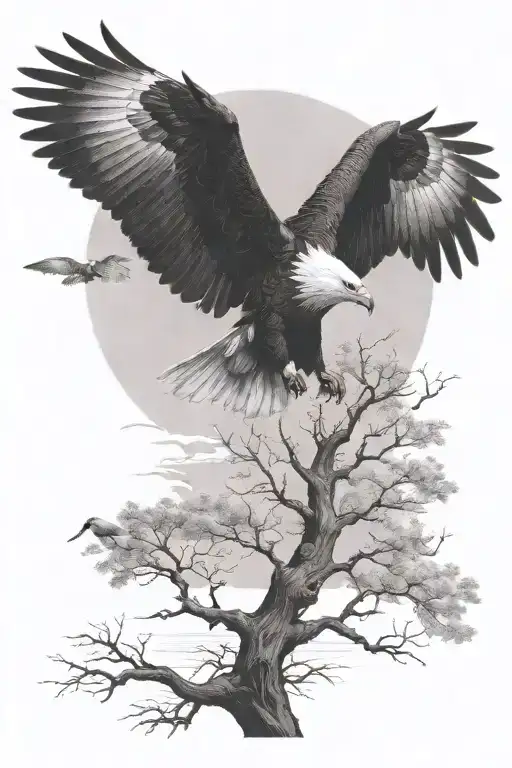 an eagle flying over a tree with a raven and a pond with a swan tattoo design idea
