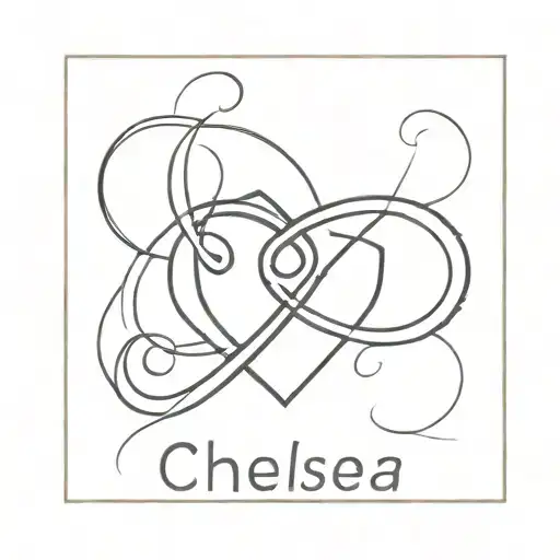 infinity sign with heart and name written of "CHELSEA" simple tattoo design idea