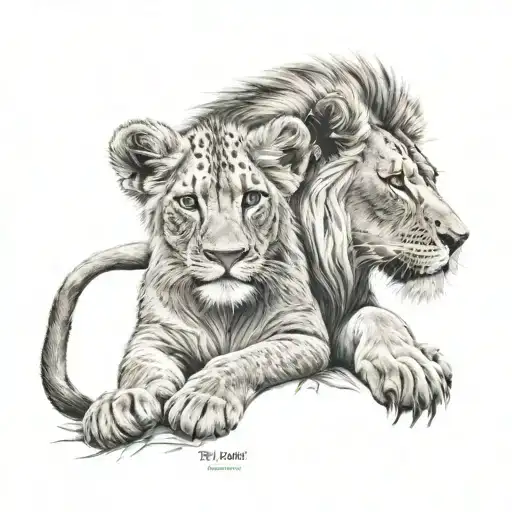 The lion protects the lion cub. Time flies around. tattoo design idea