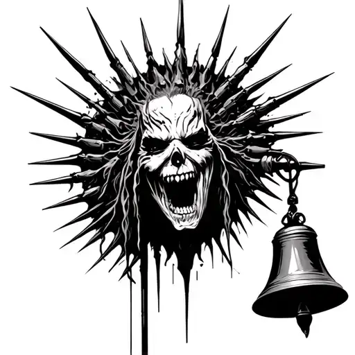 Flesh fallin' off headbangin' in HellHarpies playin' with spikes swingin' at flat black church bells tattoo design idea